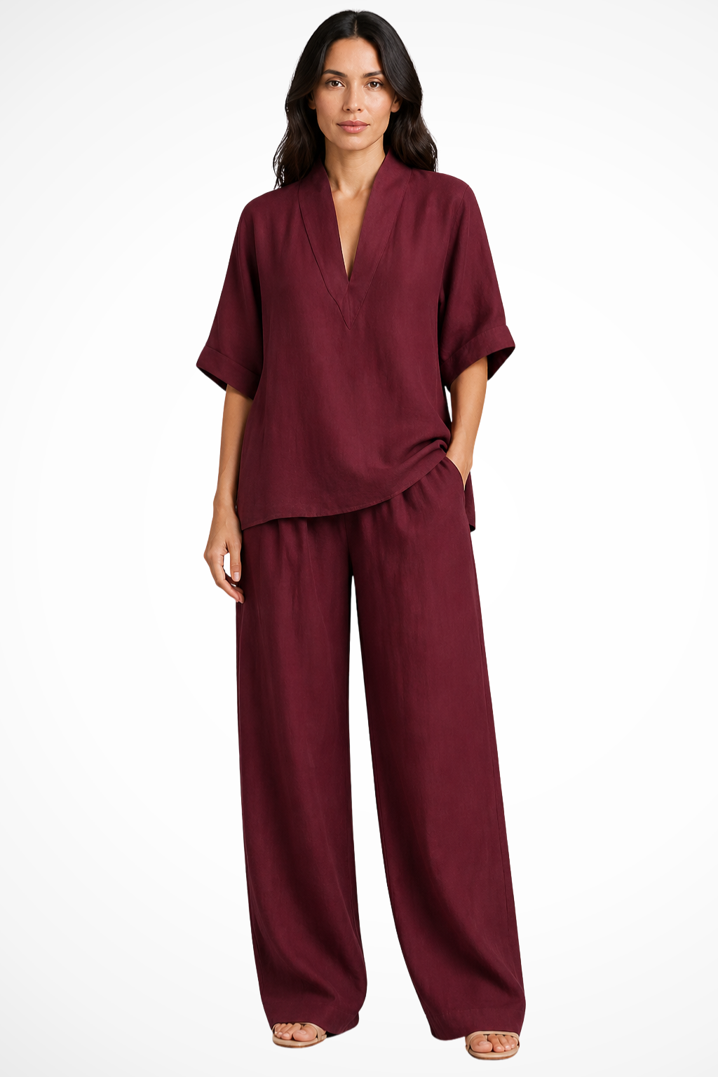 Women's Linen V-Neck Top and Wide-Leg Trousers Set | Casual Co-Ord Two-Piece