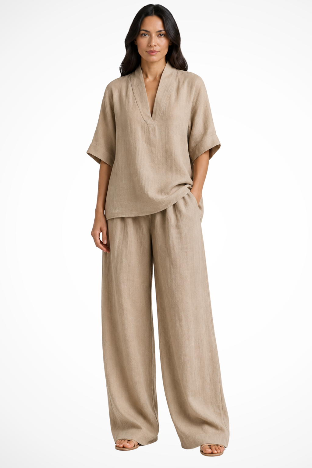 Women's Linen V-Neck Top and Wide-Leg Trousers Set | Casual Co-Ord Two-Piece