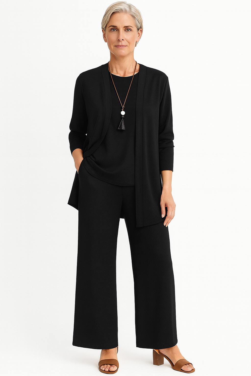 Women's Longline Cardigan & Wide Leg Pants Set | Elegant Two-Piece Suit
