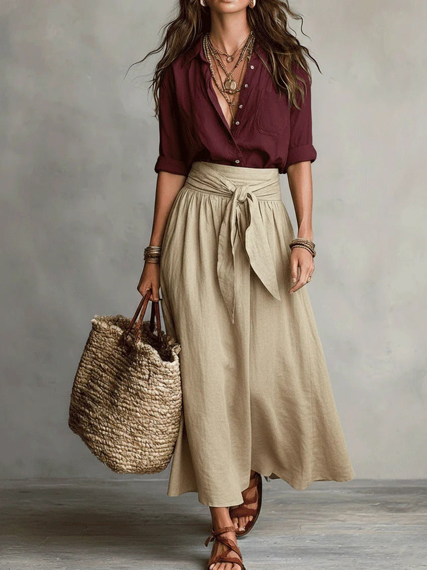 Women's long sleeve top and midi skirt set - side view