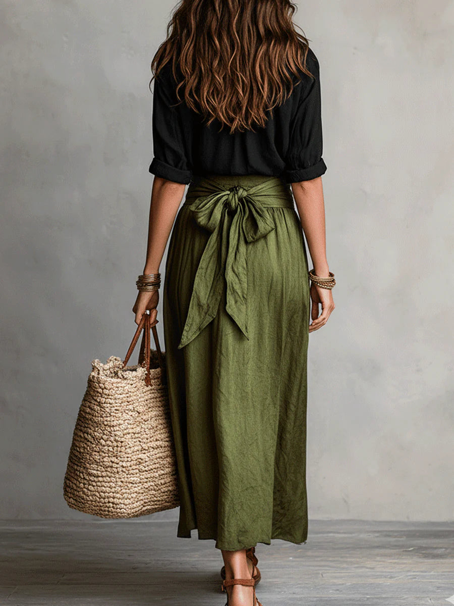 Women's long sleeve top and midi skirt set - White Green color view