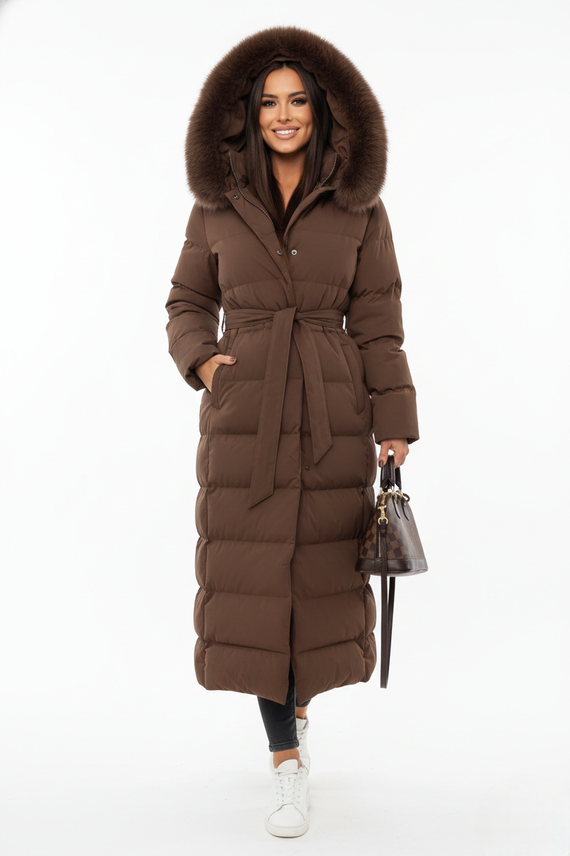 Women's Long Winter Coat | Faux Fur Collar with Adjustable Belt - photo 1