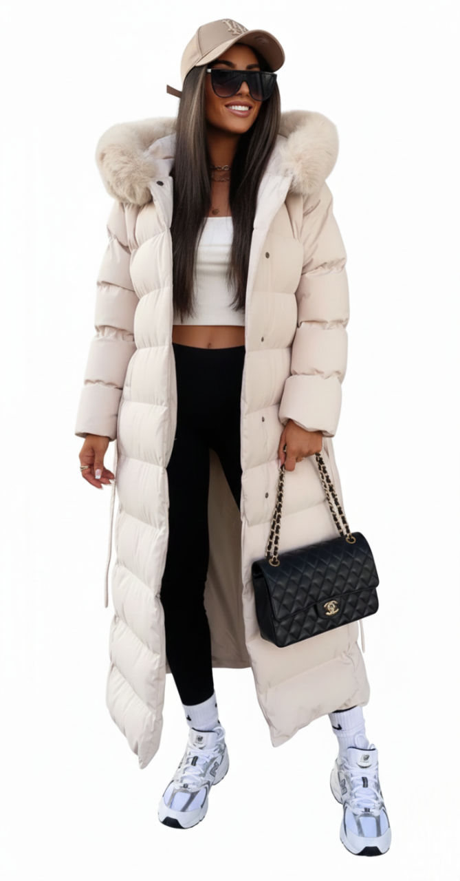 Women's Long Winter Coat | Faux Fur Collar with Adjustable Belt - photo 3