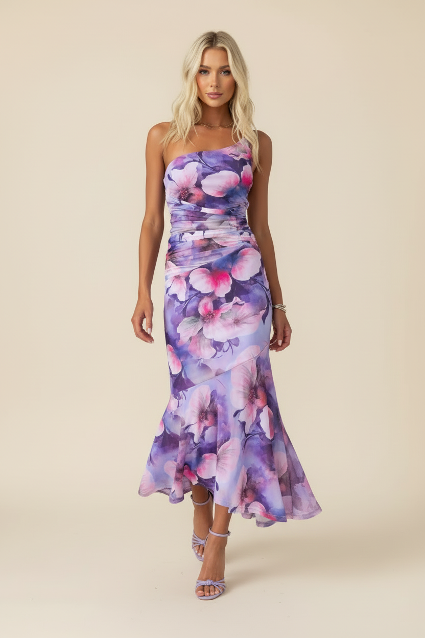 Women's One Shoulder Asymmetric Midi Dress | Elegant Evening Dress