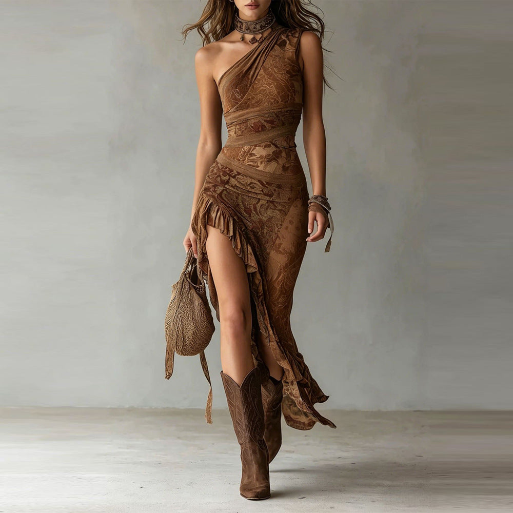 Women's one-shoulder ethnic print maxi dress - side view