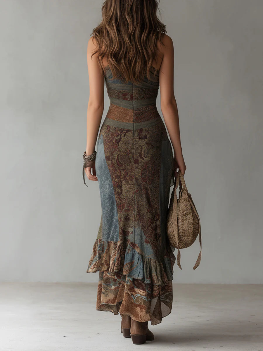 Women's one-shoulder ethnic print maxi dress - slit detail view
