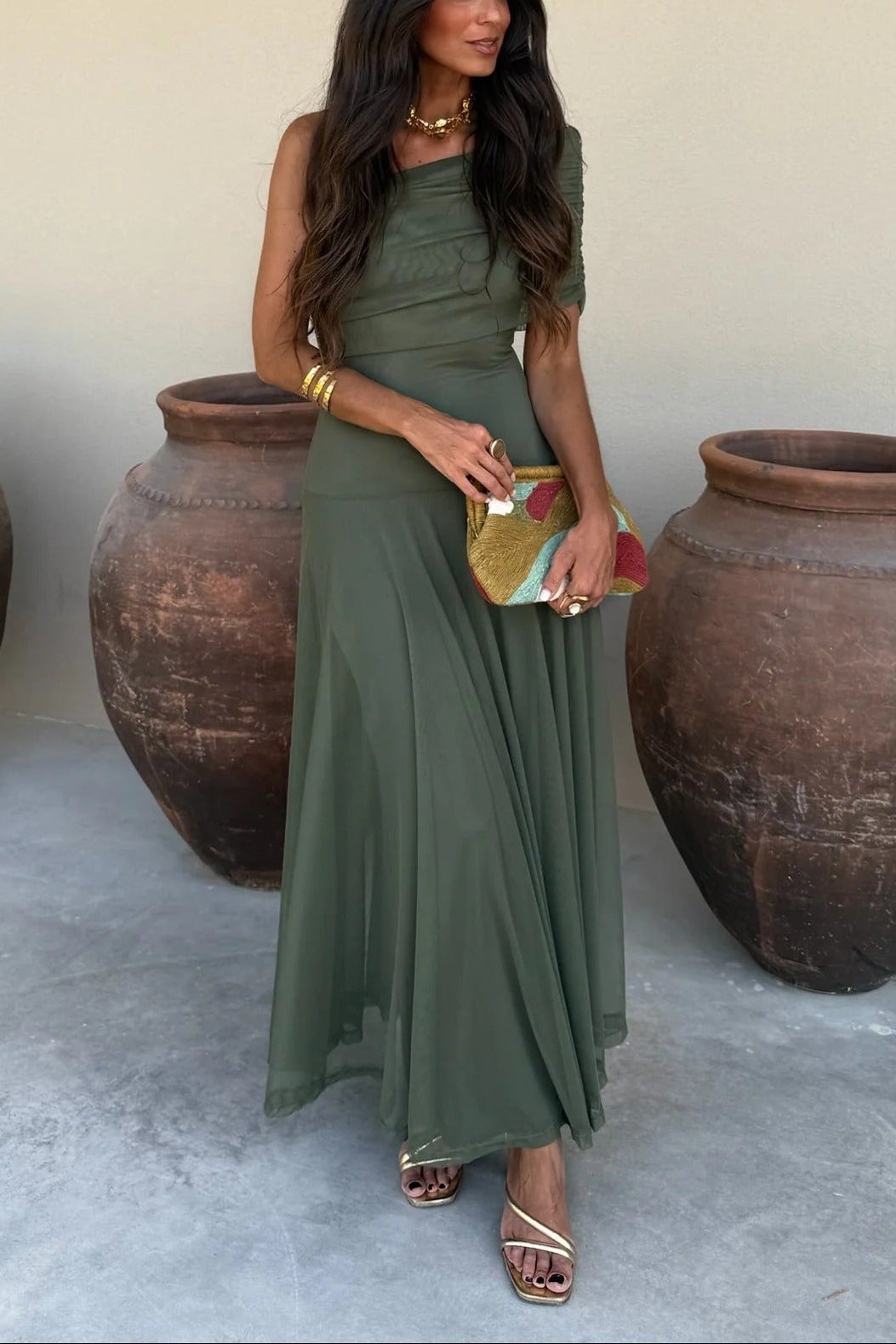 Women's One-Shoulder Mesh Maxi Dress | Romantic Draped Summer Evening Dress
