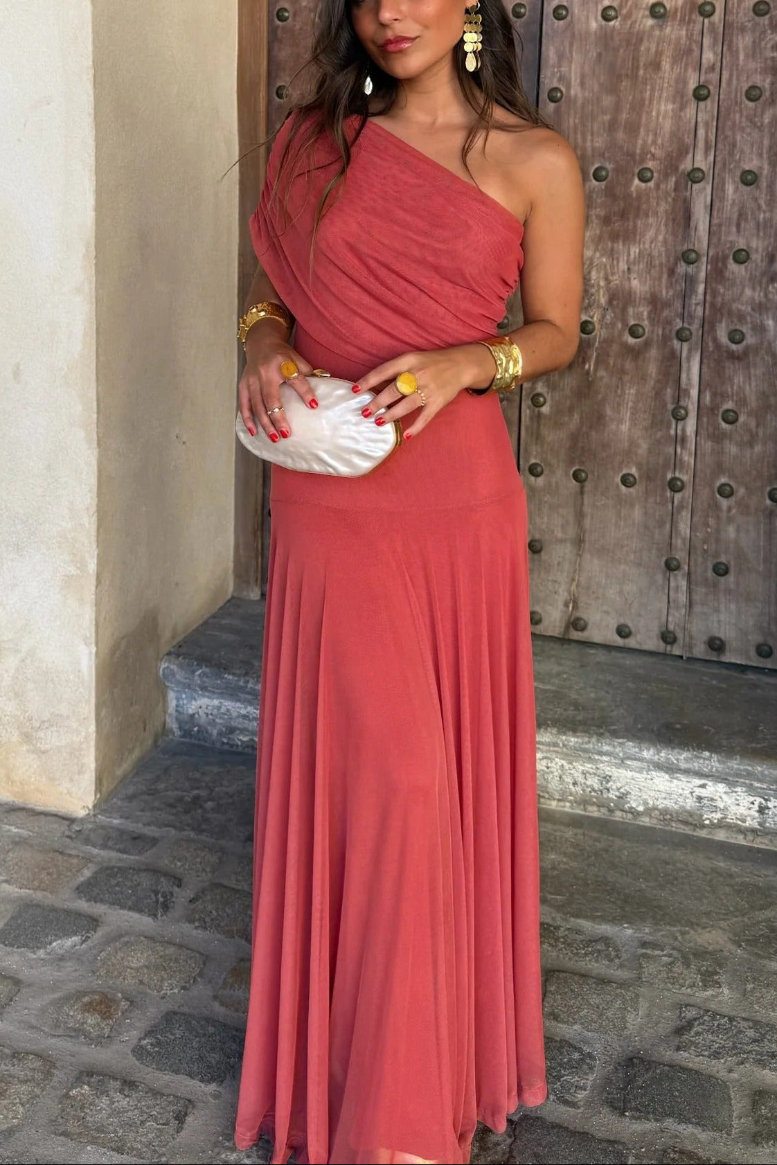 Women's One-Shoulder Mesh Maxi Dress | Romantic Draped Summer Evening Dress