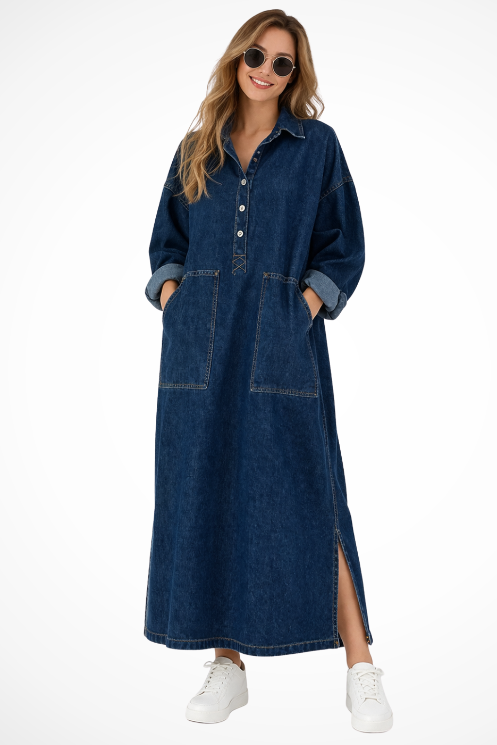 Women's Oversized Collared Denim Maxi Dress | Long Sleeve with Front Pockets