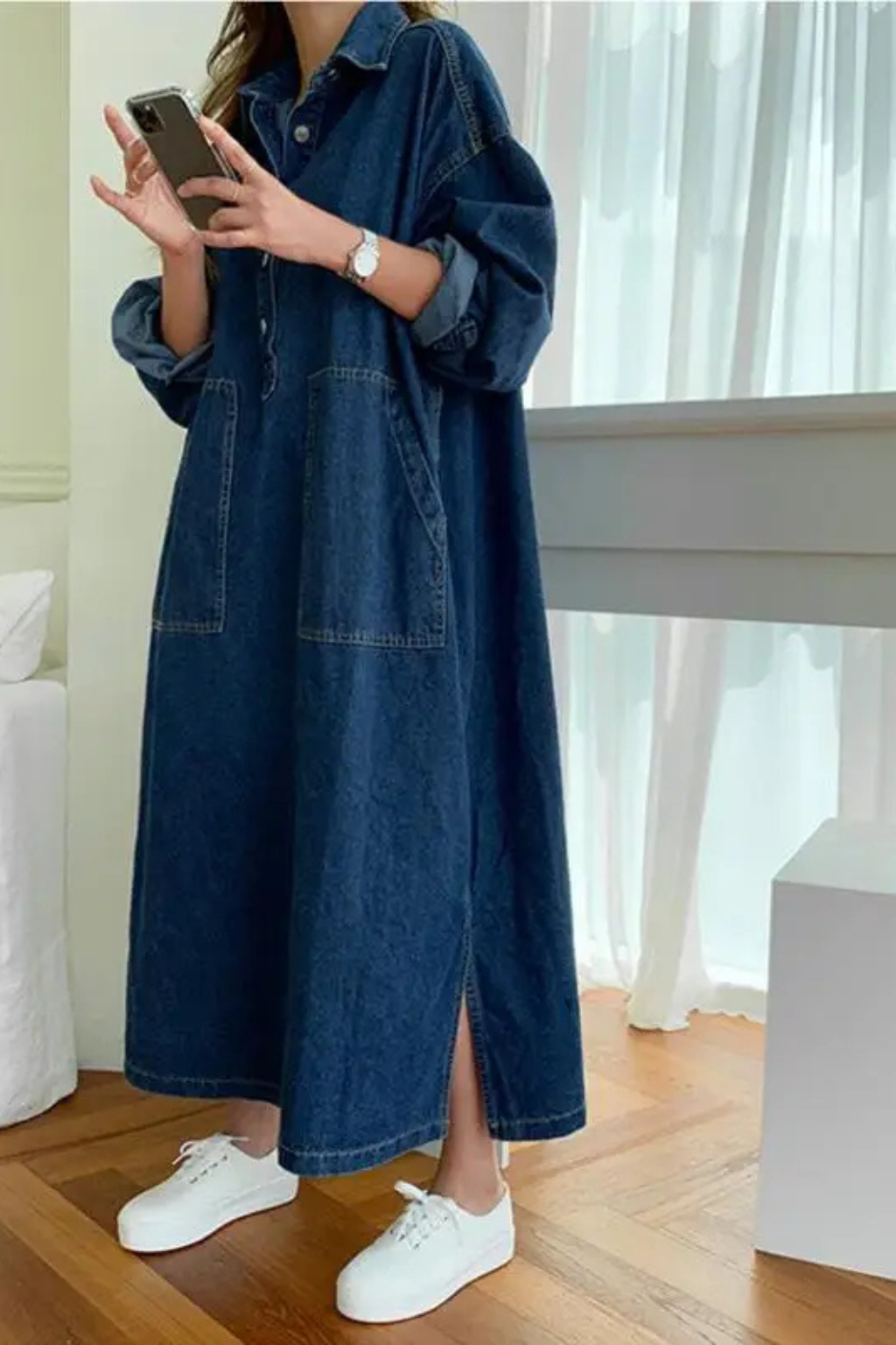 Women's Oversized Collared Denim Maxi Dress | Long Sleeve with Front Pockets