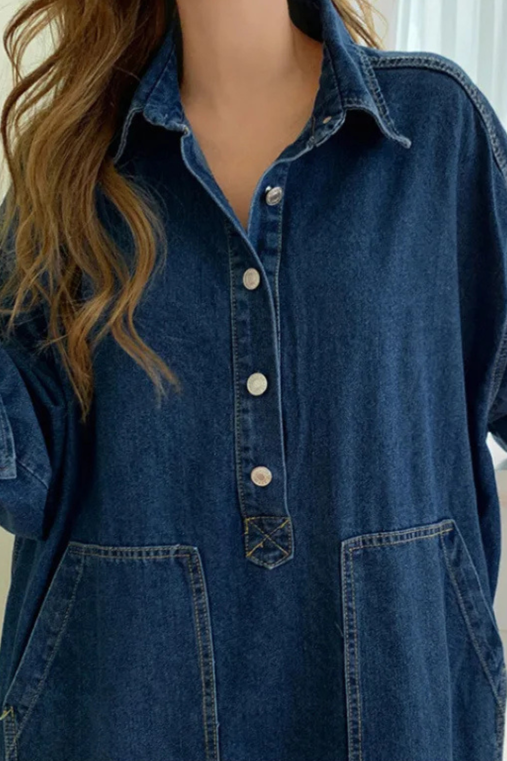 Women's Oversized Collared Denim Maxi Dress | Long Sleeve with Front Pockets