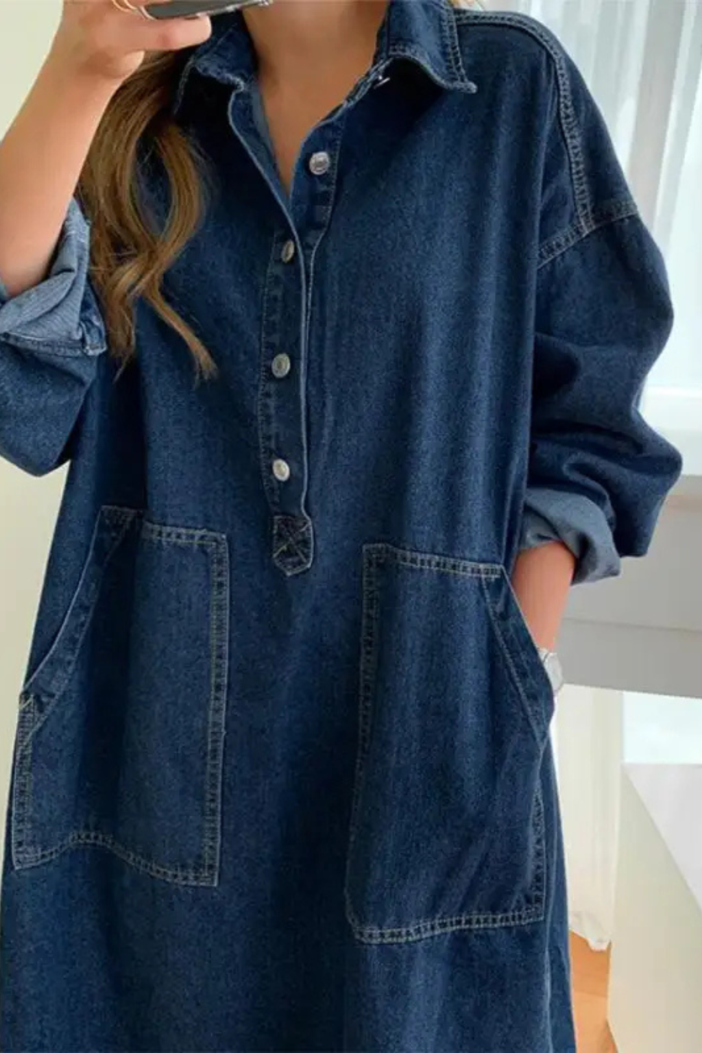 Women's Oversized Collared Denim Maxi Dress | Long Sleeve with Front Pockets
