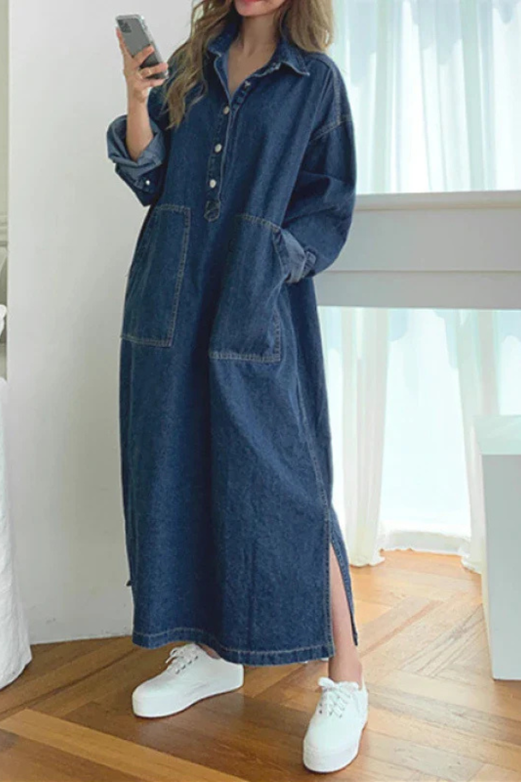 Women's Oversized Collared Denim Maxi Dress | Long Sleeve with Front Pockets