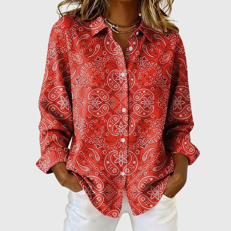 women's paisley print button-up blouse - side view