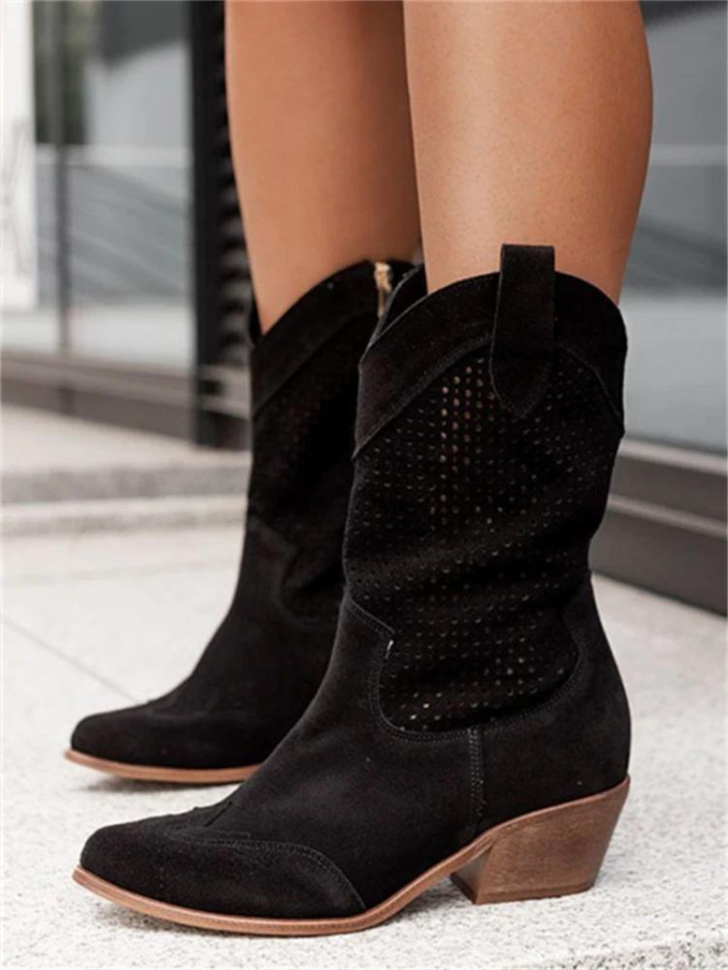 Women's Perforated Western Mid-Calf Boots | Block Heel Side Zip