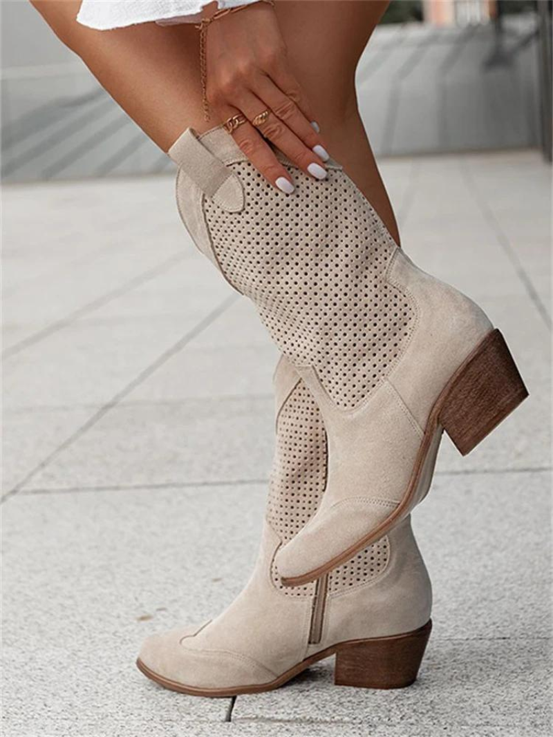 Women's Perforated Western Mid-Calf Boots | Block Heel Side Zip