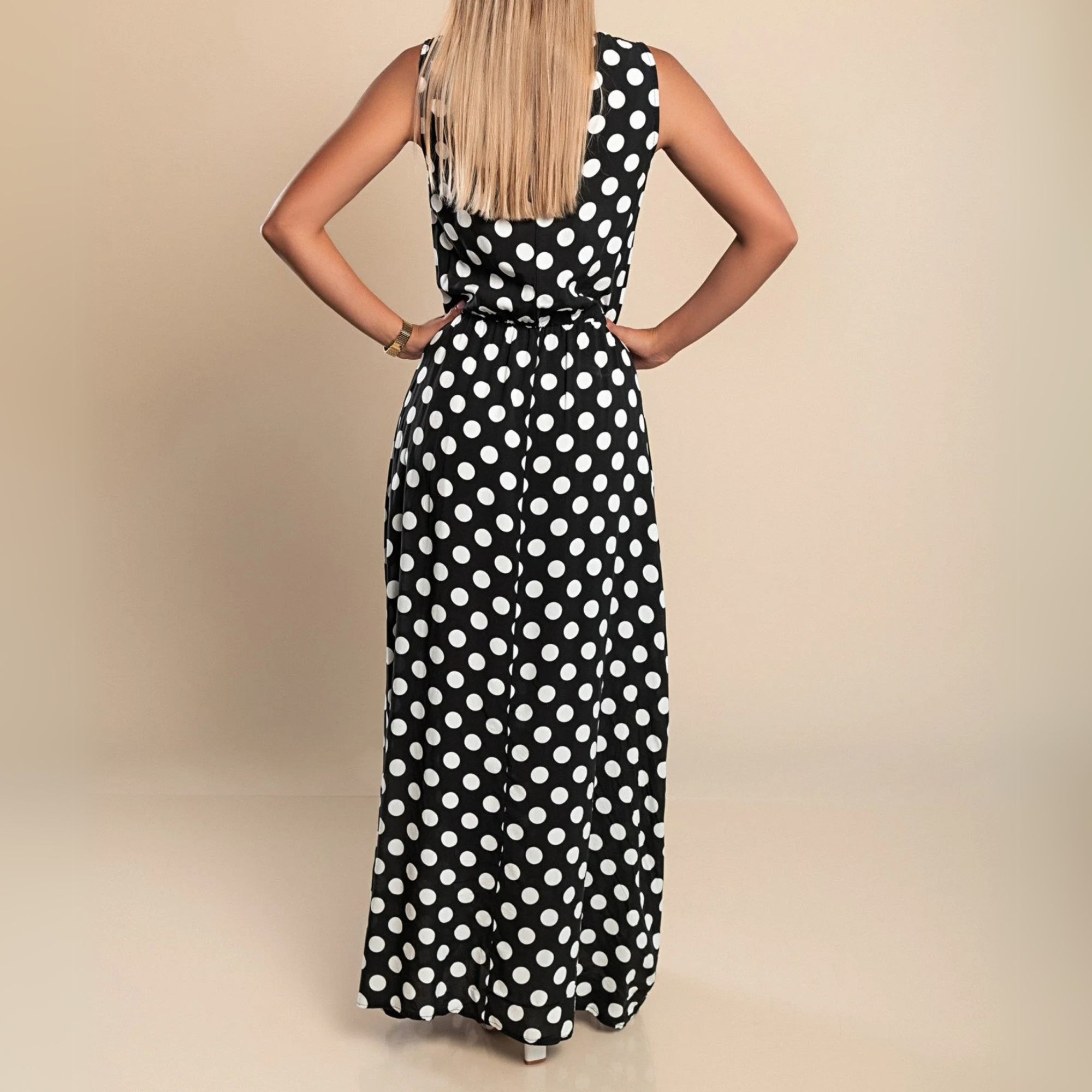 Women's Polka Dot Sleeveless Scoop Neck Belted Flowy Maxi Dress Summer Casual
