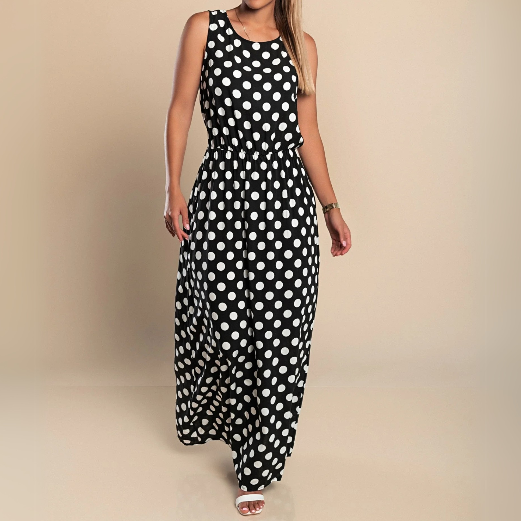 Women's Polka Dot Sleeveless Scoop Neck Belted Flowy Maxi Dress Summer Casual