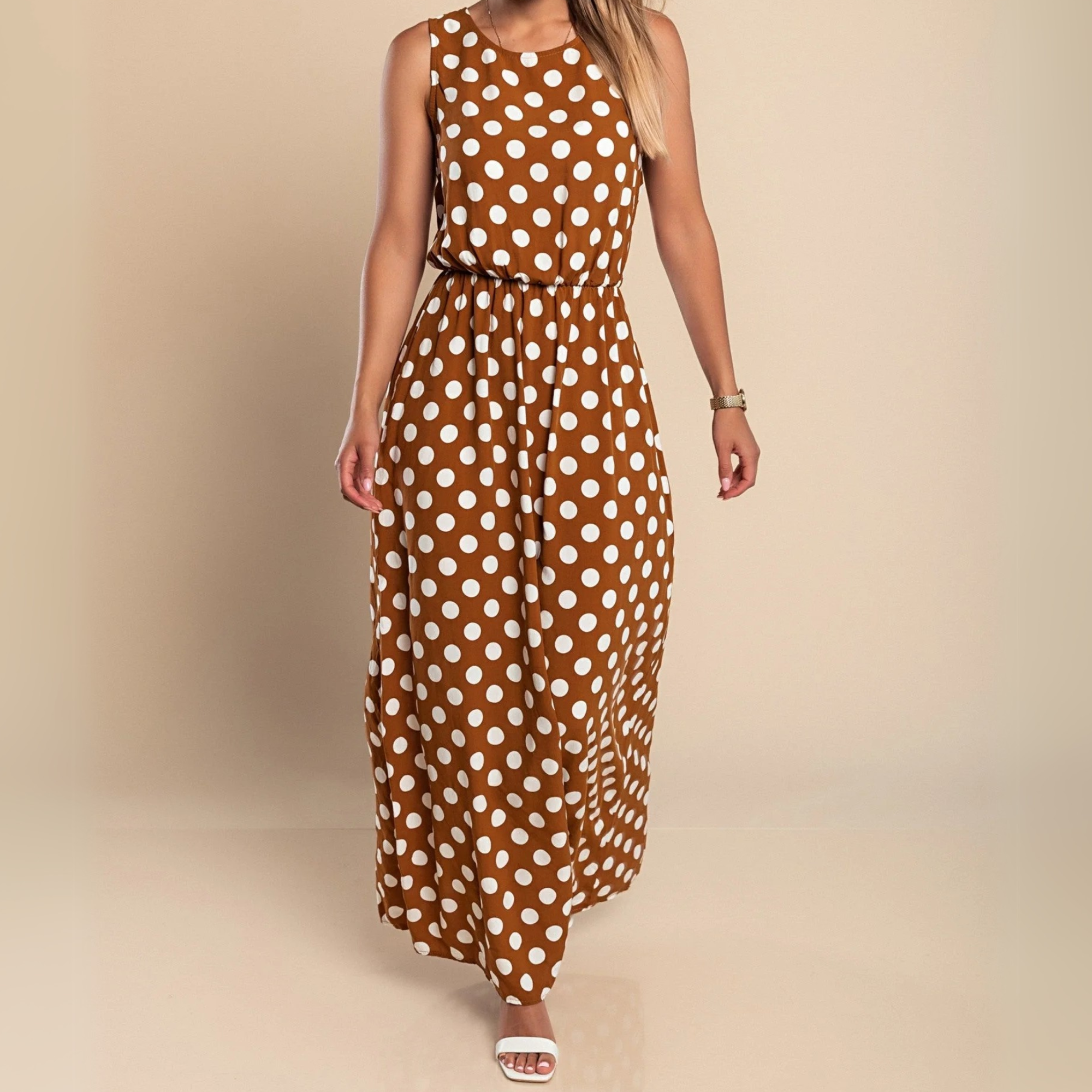 Women's Polka Dot Sleeveless Scoop Neck Belted Flowy Maxi Dress Summer Casual