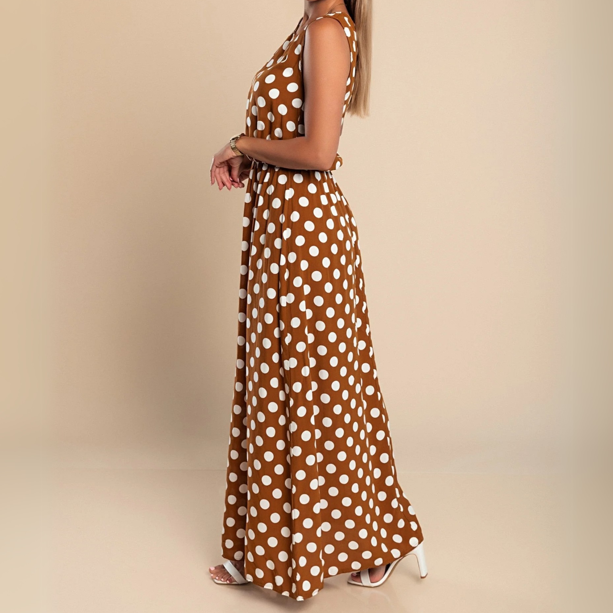 Women's Polka Dot Sleeveless Scoop Neck Belted Flowy Maxi Dress Summer Casual