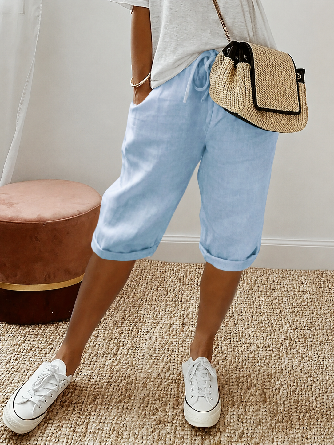 womens relaxed fit capri pants | casual cropped trousers - front view