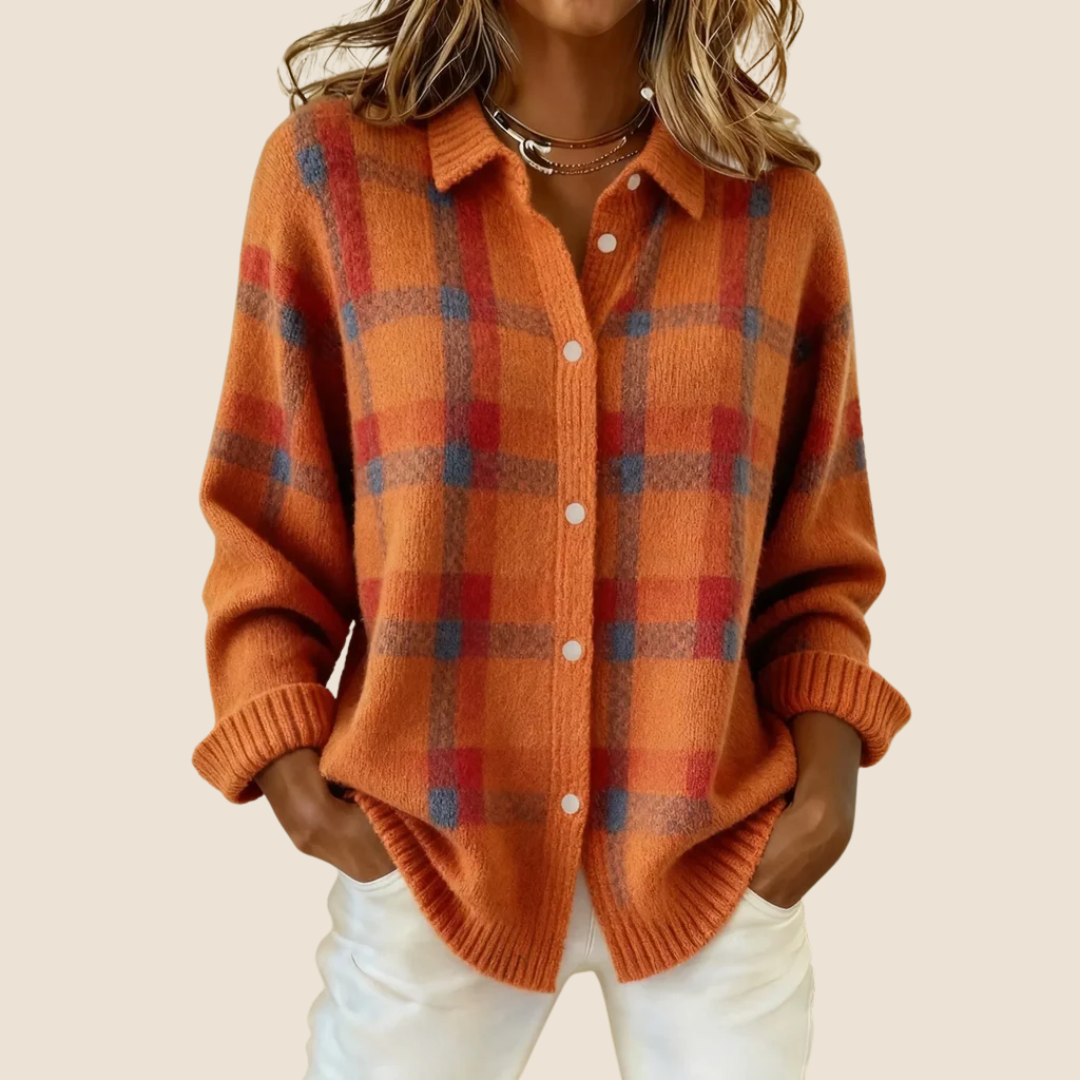 Women's retro check pattern knit sweater - front view