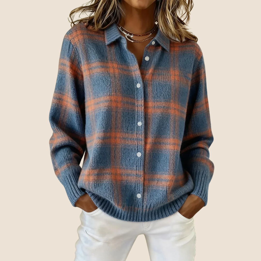 Women's retro check pattern knit sweater - side view