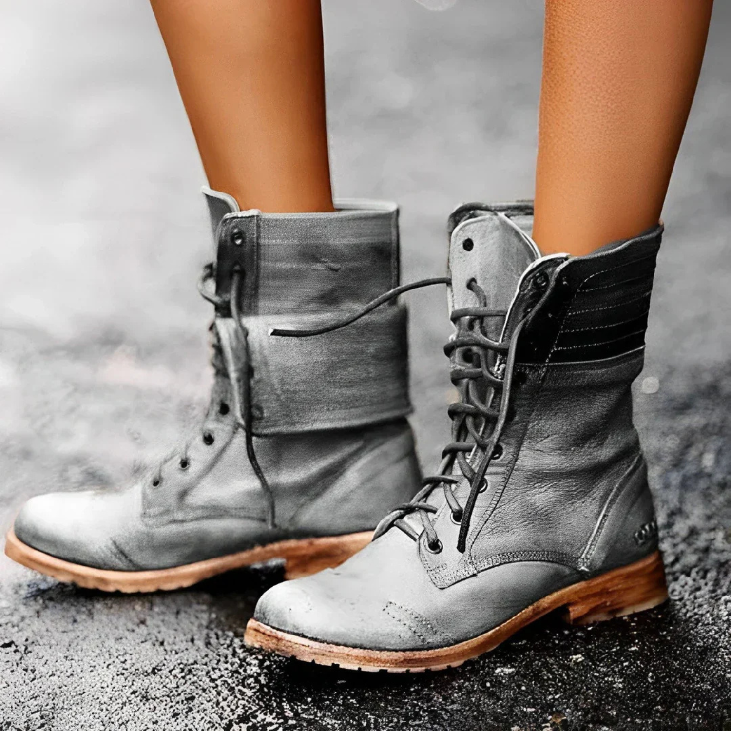 Women's retro leather lace-up ankle boots - front view