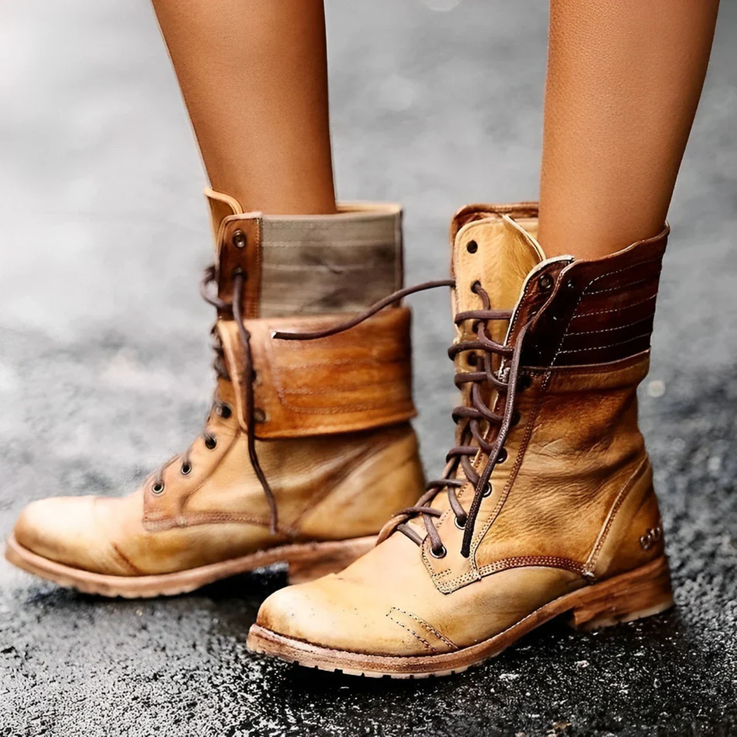 Women's retro leather lace-up ankle boots - side view