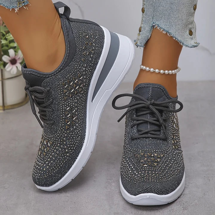 Women's Rhinestone Detail Mesh Trainers | Elegant Cushioned Sneakers