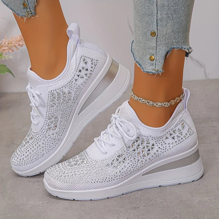 Women's Rhinestone Detail Mesh Trainers | Elegant Cushioned Sneakers