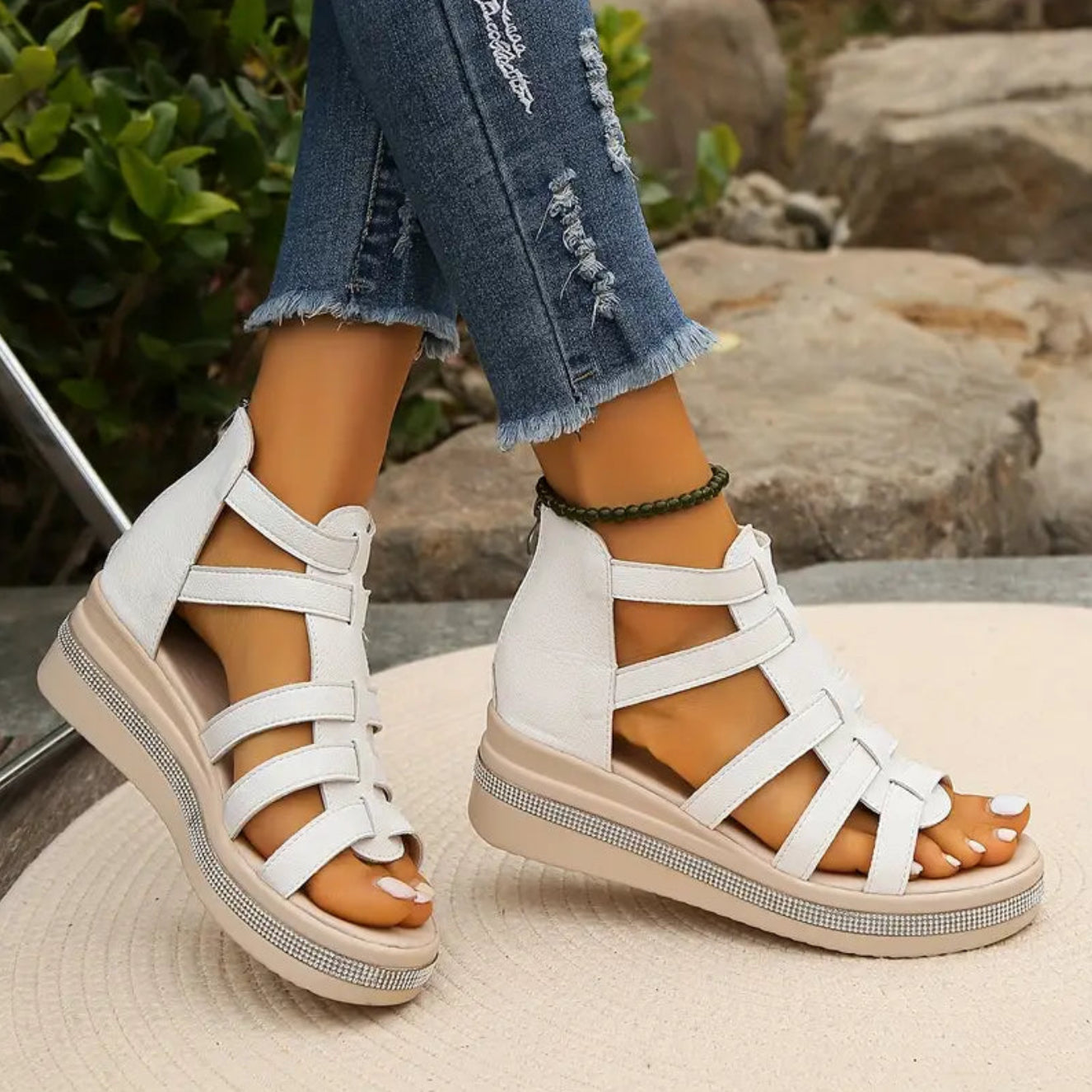 Women's rhinestone wedge sandals decorative strap detail