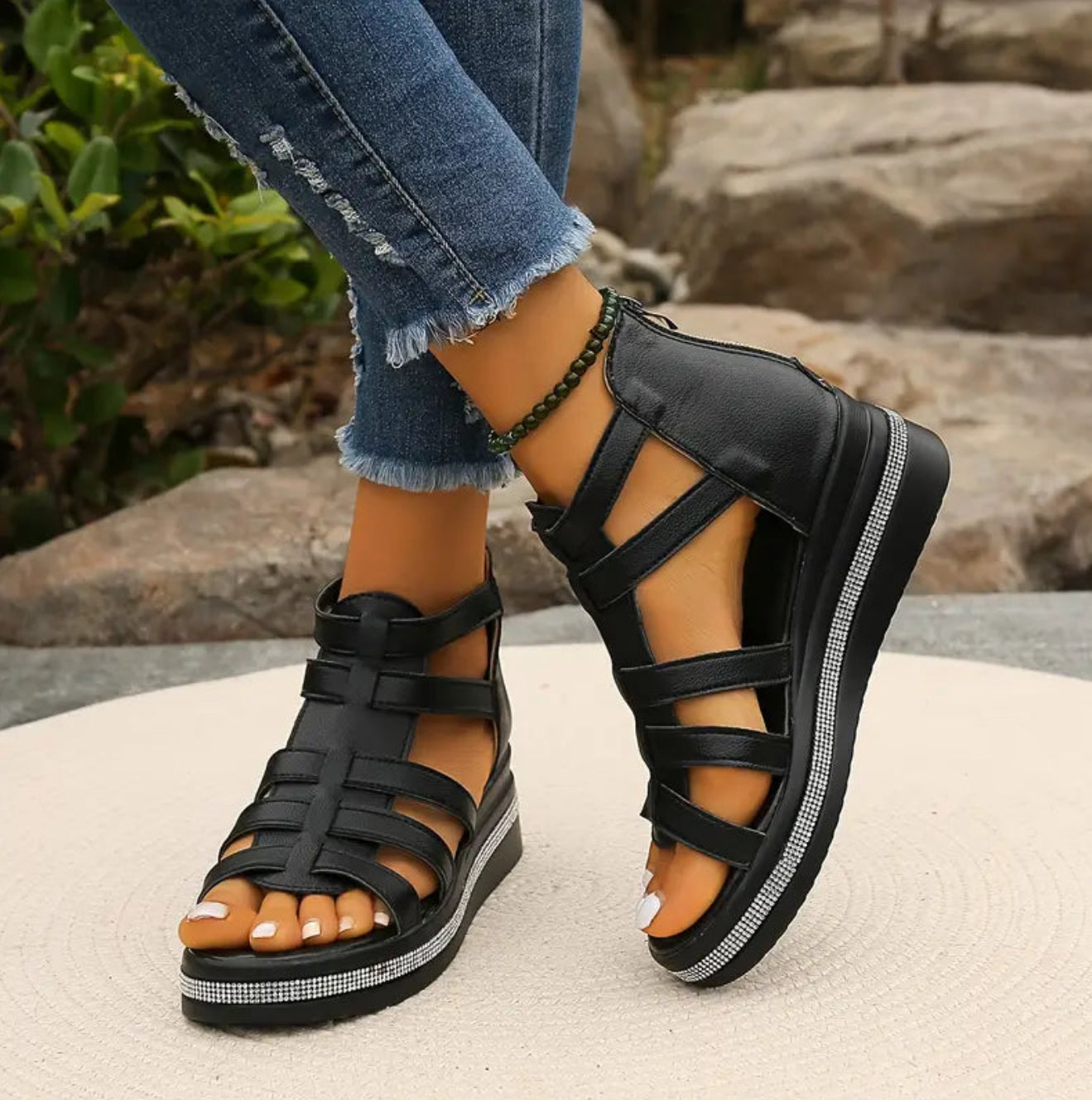 Women's rhinestone embellished wedge sandals - white