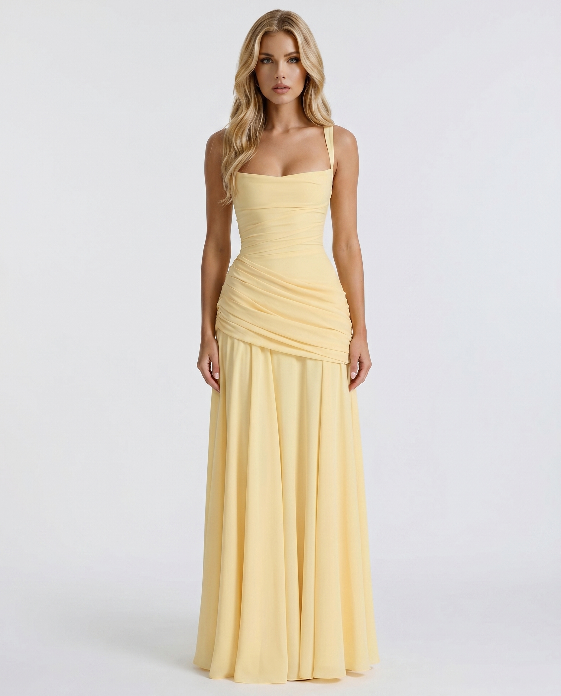 Women's Ruched Square Neck Maxi Dress | Yellow Formal Evening Dress