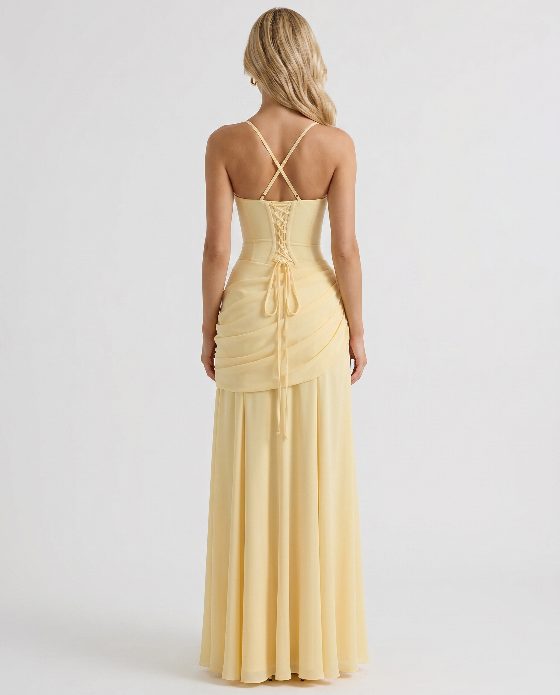 Women's Ruched Square Neck Maxi Dress | Yellow Formal Evening Dress