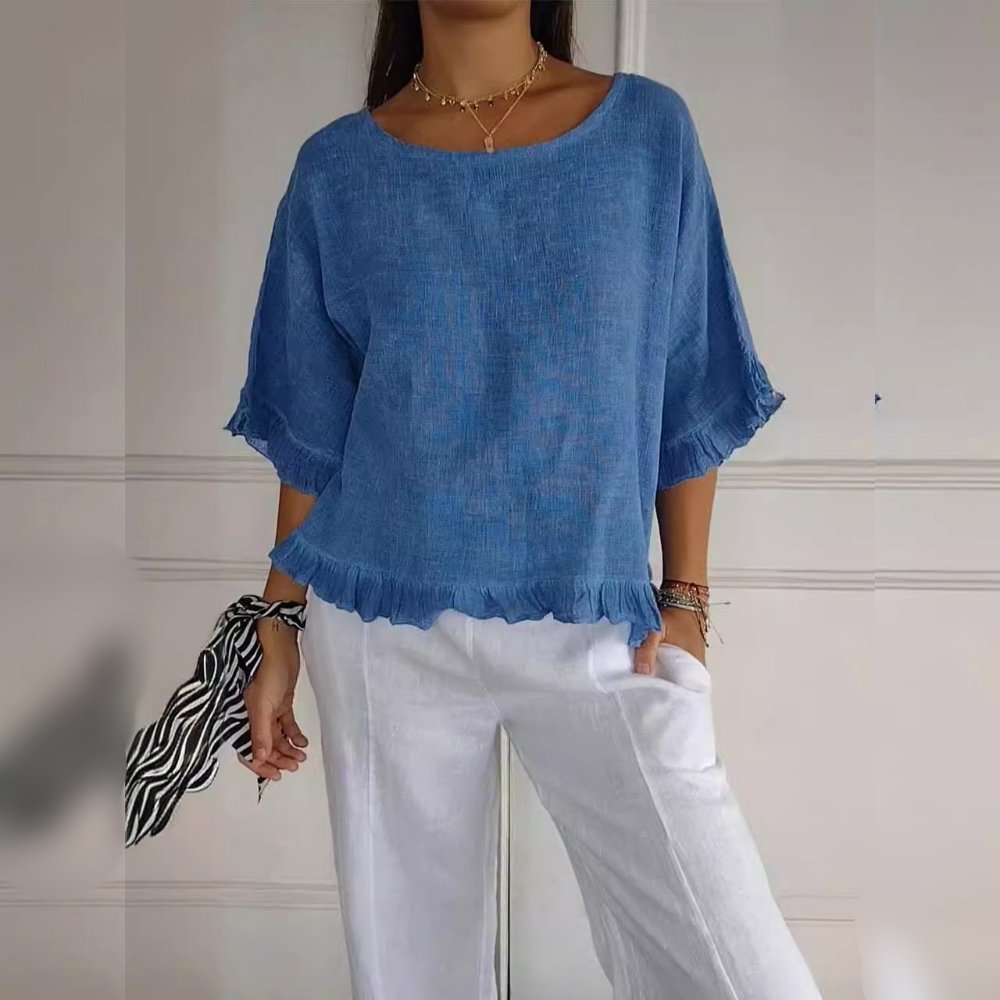 Women's ruffle-hem short-sleeve blouse - front view
