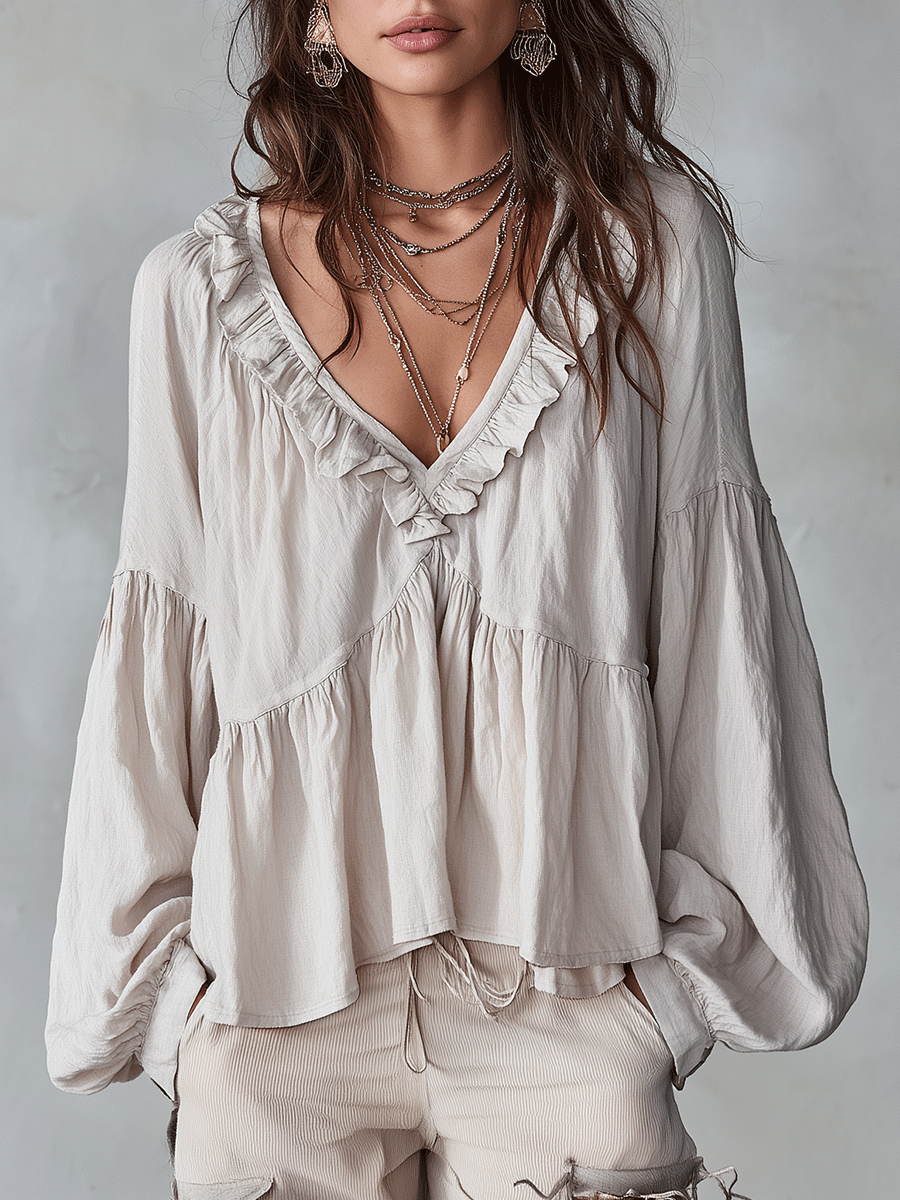 Women's ruffle sleeve bohemian blouse - front view