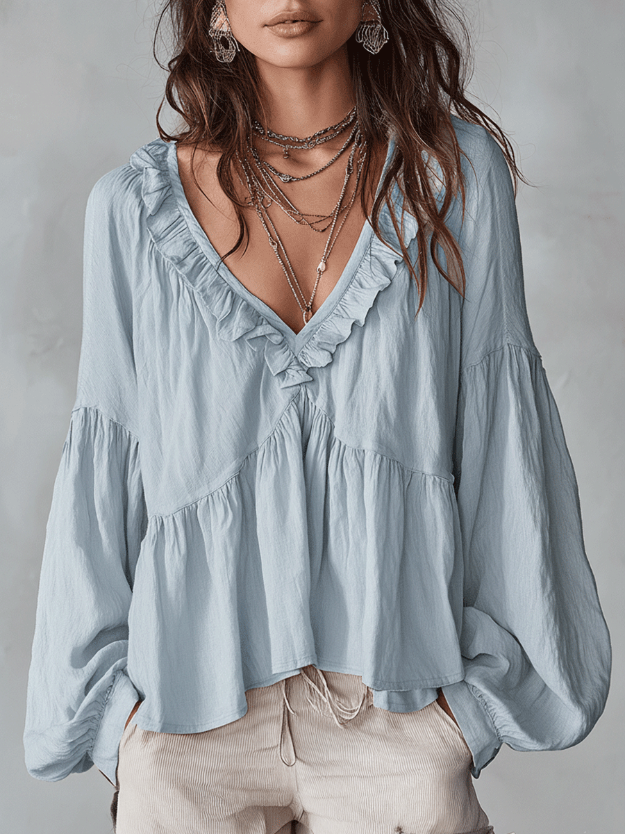 Women's ruffle sleeve bohemian blouse - sleeve detail view