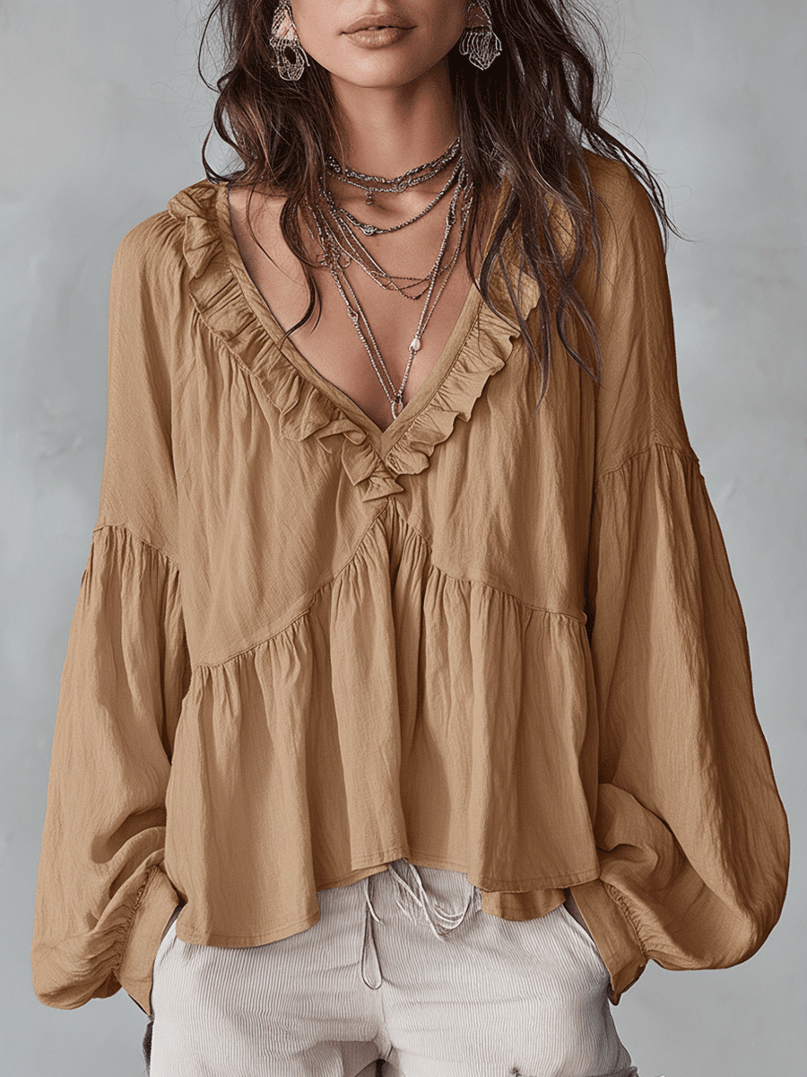 Women's ruffle sleeve bohemian blouse - full view