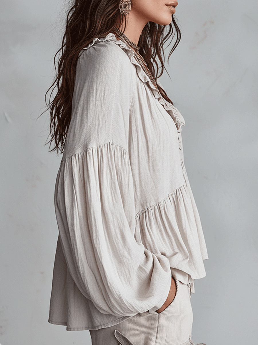 Women's ruffle sleeve bohemian blouse - Blue color view