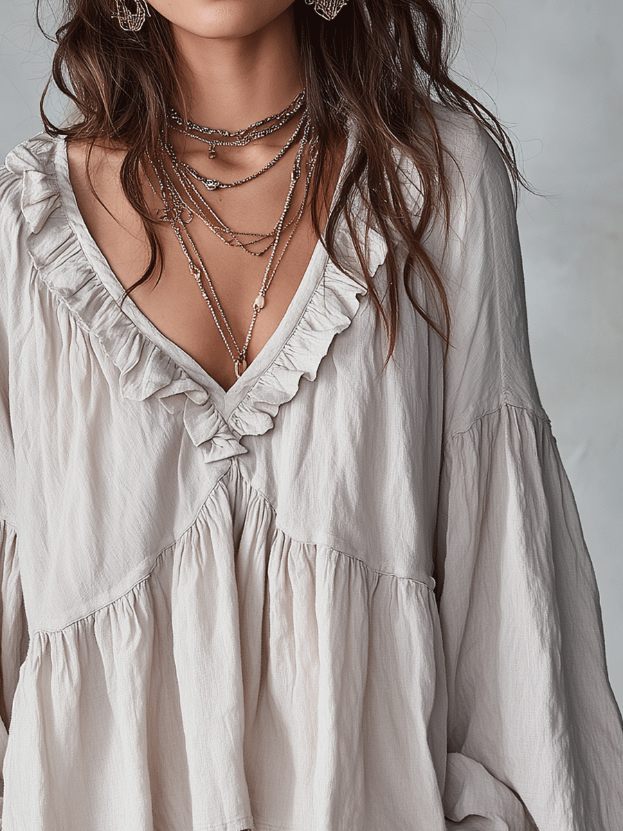 Women's ruffle sleeve bohemian blouse - Khaki color view