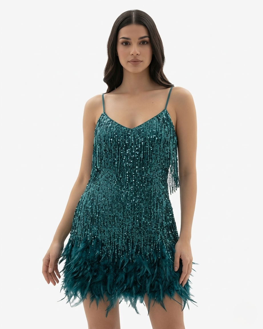 women's sequin fringe mini dress - peacock blue color