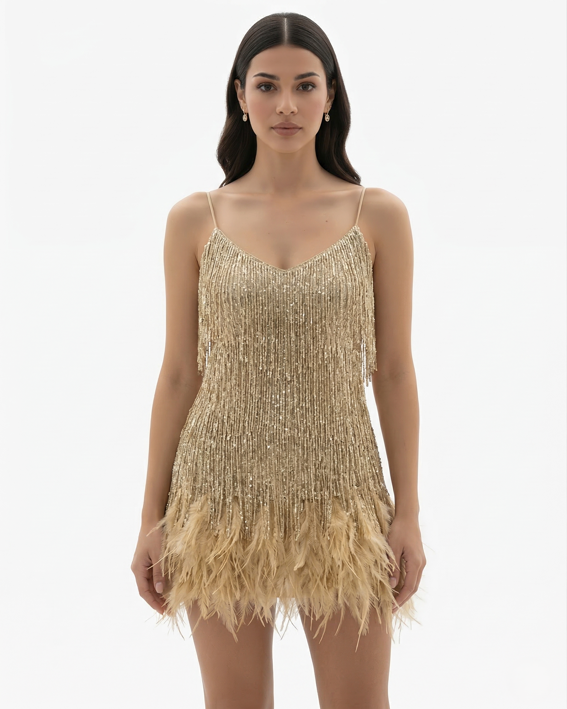 women's sequin fringe mini dress - gold color