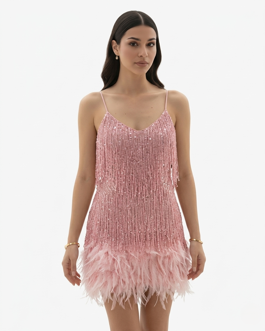 women's sequin fringe mini dress - pink color
