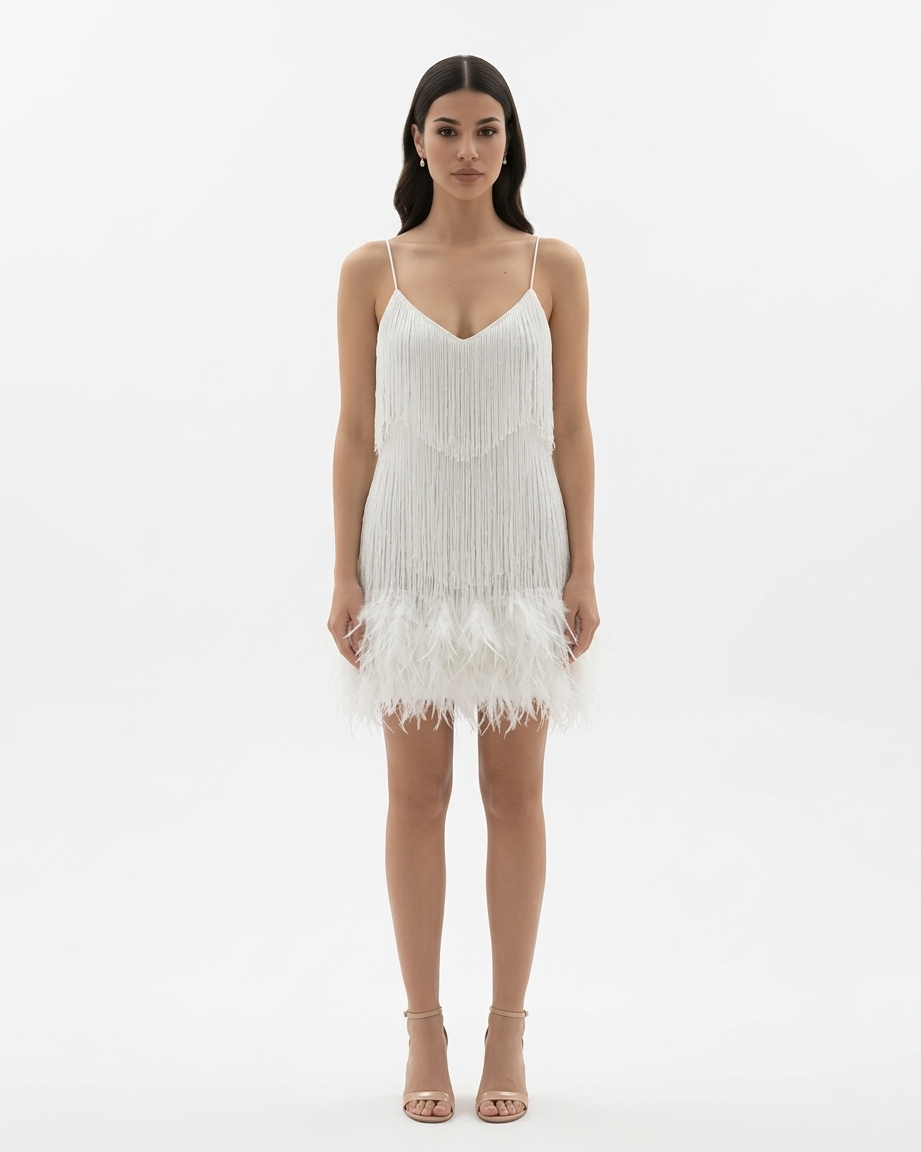women's sequin fringe mini dress - feather hem detail