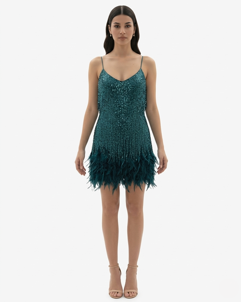 women's sequin fringe mini dress - fringe detail