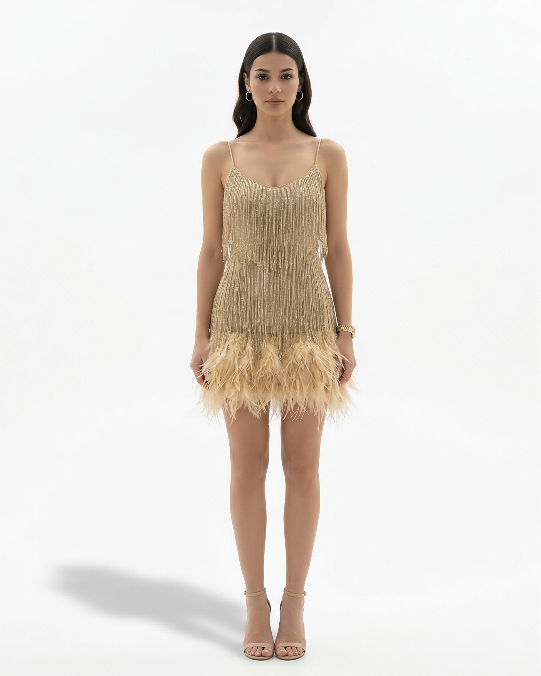 women's sequin fringe mini dress - spaghetti strap detail
