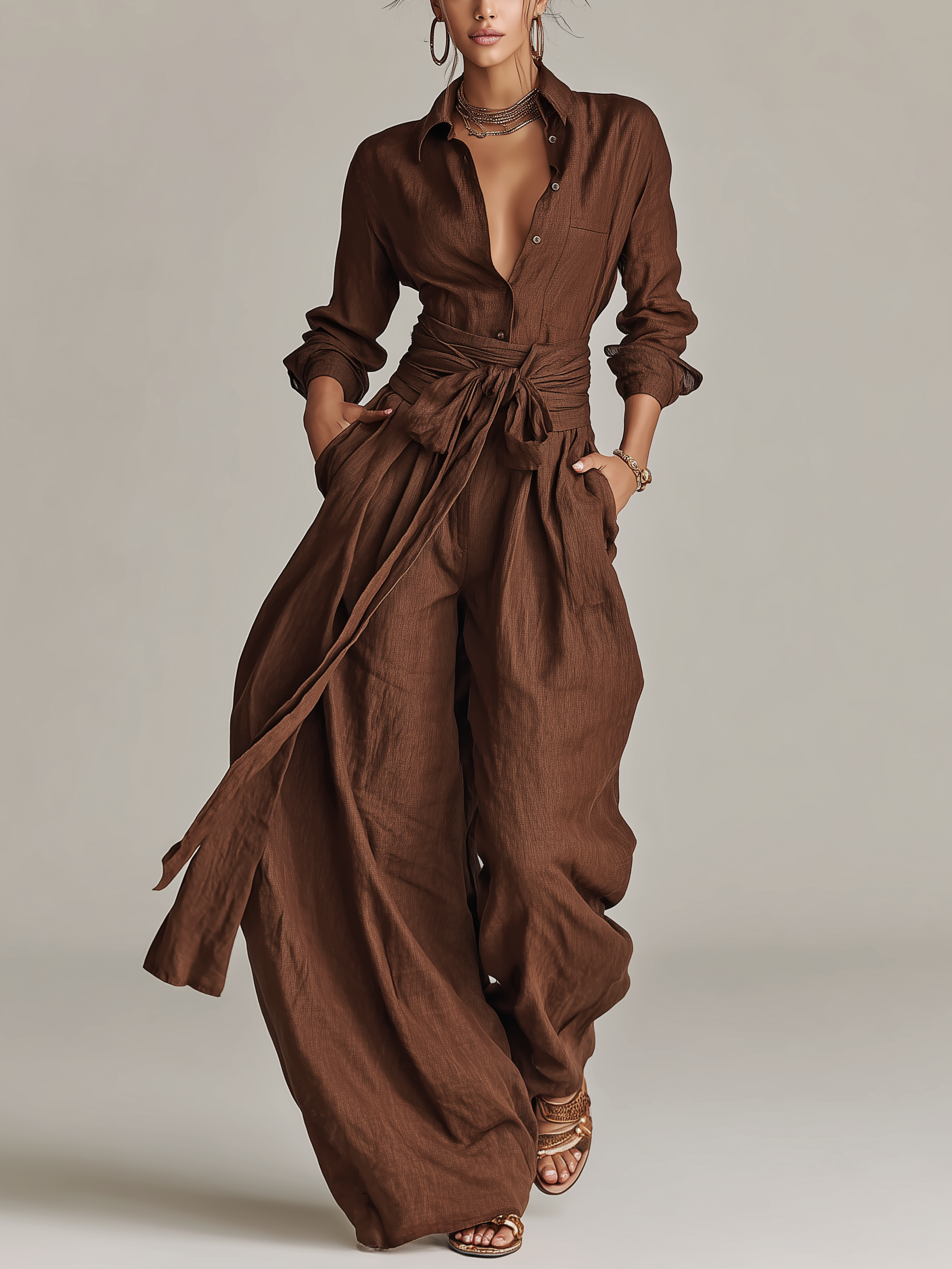Women's Shirt Collar Cotton-Linen Blend Wide-Leg Jumpsuit | Belted Casual Jumpsuit