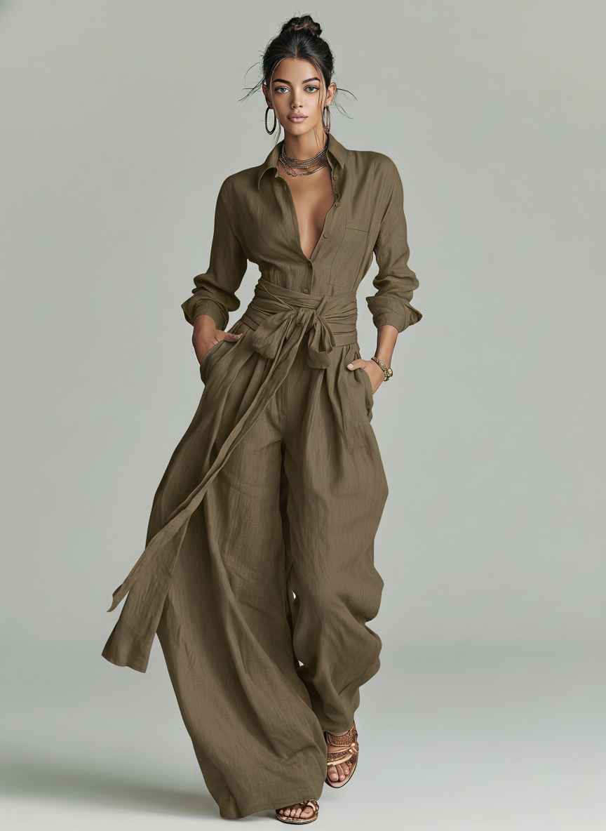 Women's Shirt Collar Cotton-Linen Blend Wide-Leg Jumpsuit | Belted Casual Jumpsuit