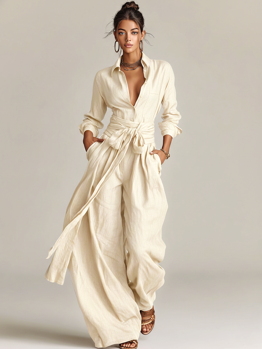 Women's Shirt Collar Cotton-Linen Blend Wide-Leg Jumpsuit | Belted Casual Jumpsuit